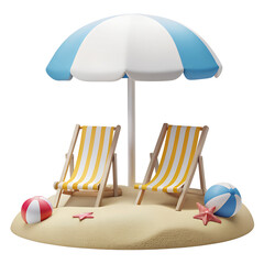 Beach Chair, Blue Umbrella and Ball, Summer holiday, Time to travel concept