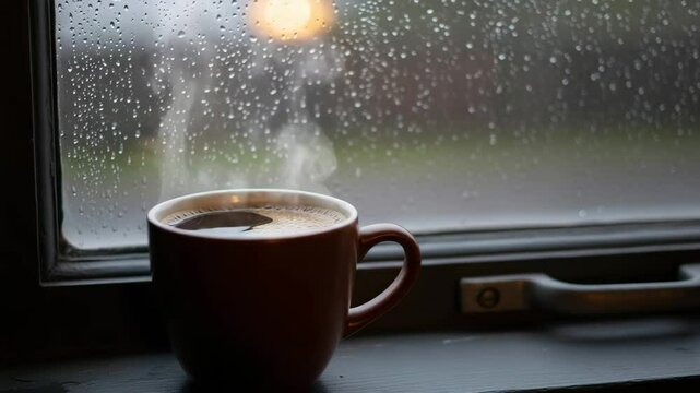 Warm coffee mug on rainy day windowsill, for blogs and websites