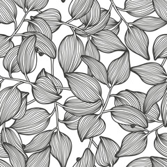 Outline monochrome leaves seamless pattern. Vector botanical floral ornament with branches