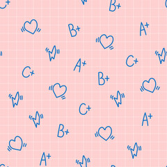 Doodle seamless pattern of hearts and school grades in a line