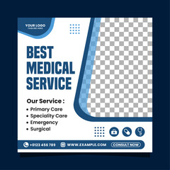Blue and white best medical service social media post template