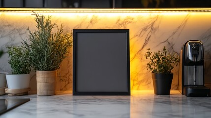 A sleek black metal picture frame with a matte finish, standing on a marble kitchen countertop, illuminated by warm under-cabinet LED lights. The shot is taken from a slightly high angle.