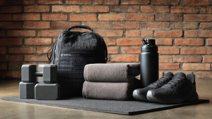 Collection of fitness gear arranged on floor beside a brick wall. Text space included
