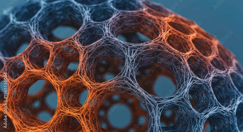 Poster intricate, spherical network structure with vibrant orange and blue hues, showcasing complex interco