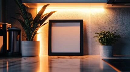 A sleek black metal picture frame with a matte finish, standing on a marble kitchen countertop, illuminated by warm under-cabinet LED lights. The shot is taken from a slightly high angle.