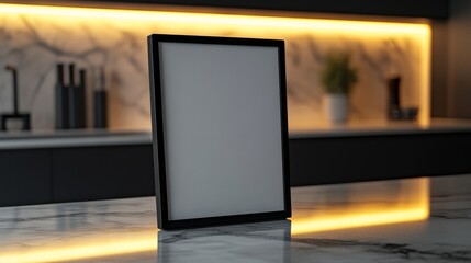 A sleek black metal picture frame with a matte finish, standing on a marble kitchen countertop, illuminated by warm under-cabinet LED lights. The shot is taken from a slightly high angle.