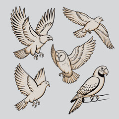 Birds in Flight: A collection of five stylized birds—eagle, owl, dove, and parrot—in various airborne and perched positions. Each bird is rendered with detailed feathers and graceful posture.
