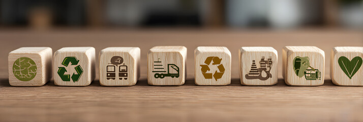 Sustainable Lifecycle Analysis with Wooden Blocks Showing Value Chain Icons for Integrated Supply Chain and Eco-Friendly Business Strategy