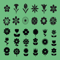 Collection of simple black flat floral icons on a transparent background