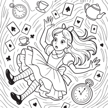 Alice Falling Down the Rabbit Hole surrounded by floating playing cards, teacups, clocks, and a teapot.  Coloring Page gor kids