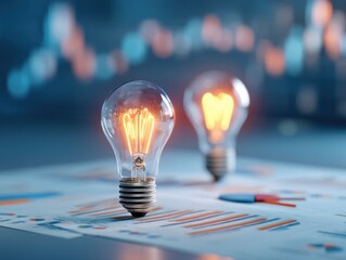Two glowing light bulbs on a desk with blurred financial charts in the background, symbolizing ideas and innovation in business.