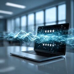 A sleek laptop sits on an office desk, with digital waves emanating from the screen full of customer reviews and ratings and futuristic energy particles floating in front of it, symbolizing innovation