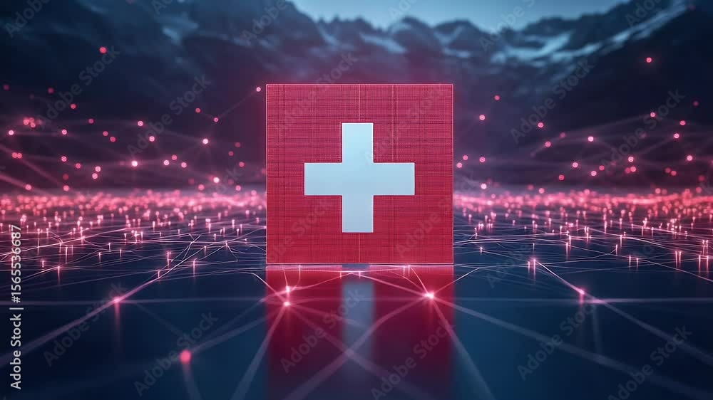 Poster digital animation of a red and white cross symbol against a backdrop of interconnected lines and mou
