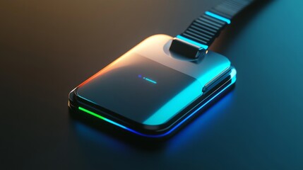 A sleek, modern - designed smart name tag in a realistic rendering style. It has a built - in, visible camera lens on the front, crafted with high - tech materials like polished metal and durable plas