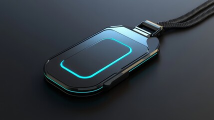 A sleek, modern - designed smart name tag in a realistic rendering style. It has a built - in, visible camera lens on the front, crafted with high - tech materials like polished metal and durable plas