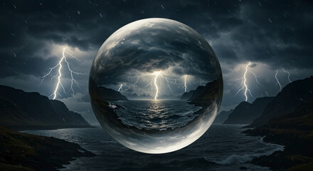 Reflective Sphere Capturing a Stormy Ocean and Lightning Strikes