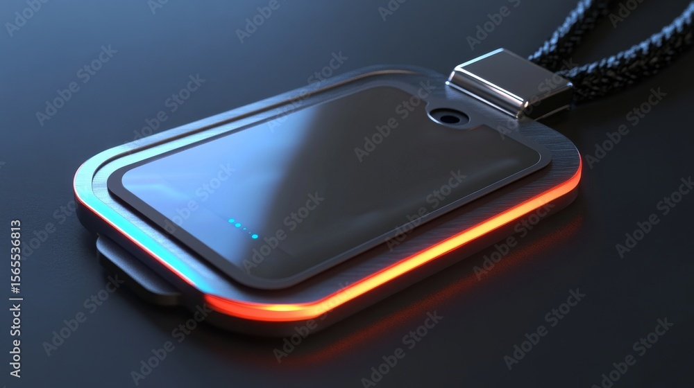 Poster a sleek, modern - designed smart name tag in a realistic rendering style. it has a built - in, visib
