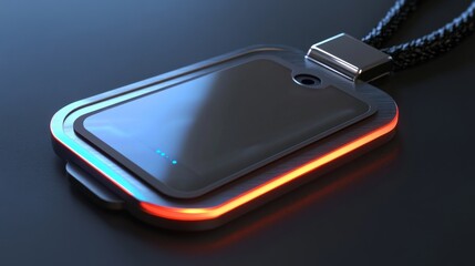 A sleek, modern - designed smart name tag in a realistic rendering style. It has a built - in, visible camera lens on the front, crafted with high - tech materials like polished metal and durable plas