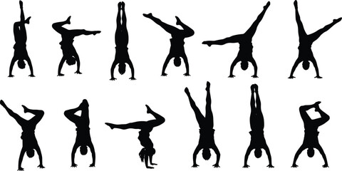 Silhouettes of twelve people in handstand poses, acrobatic balance variations, yoga and gymnastics positions, fitness flexibility, body control, athletic training, posture illustration