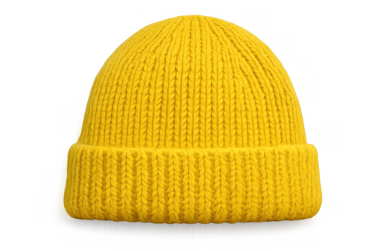 Close-up of a vibrant yellow knitted winter hat, providing warmth and style against a transparent background