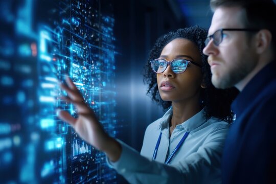 Two professionals analyze data on a transparent digital interface in a futuristic high-tech environment.