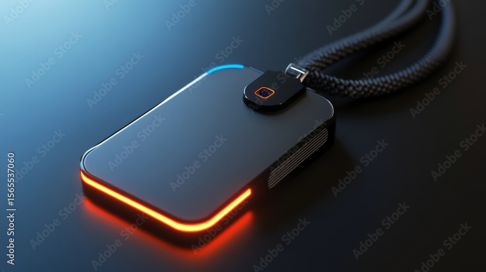 Poster a sleek, modern - designed smart name tag in a realistic rendering style. it has a built - in, visib