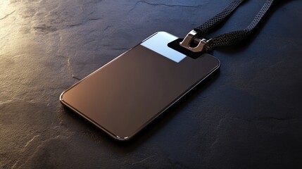 A sleek, modern - designed smart name tag in a realistic rendering style. It has a built - in, visible camera lens on the front, crafted with high - tech materials like polished metal and durable plas