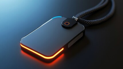 A sleek, modern - designed smart name tag in a realistic rendering style. It has a built - in, visible camera lens on the front, crafted with high - tech materials like polished metal and durable plas