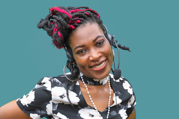 woman working at customer service telephone operator smiling help support center