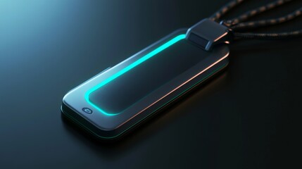 A sleek, modern - designed smart name tag in a realistic rendering style. It has a built - in, visible camera lens on the front, crafted with high - tech materials like polished metal and durable plas