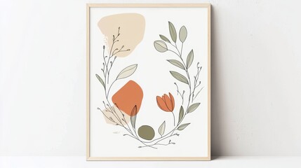 A sleek, vertical Easter poster featuring a delicate wreath made of simple outlined spring flowers and leaves, such as tulips and eucalyptus. The wreath is complemented by abstract pastel shapes in te