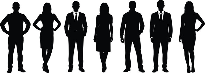 Silhouettes of seven business professionals in formal attire, standing in a row, diverse poses, corporate teamwork concept, leadership, office illustration, professional group design