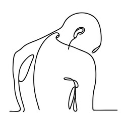 Exhaustion: handsome man in graceful theatrical pose of despair — minimalist single-line black drawing. One line art.