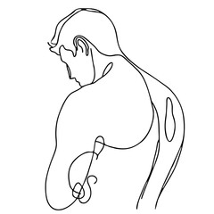 Exhaustion: handsome man in graceful theatrical pose of despair — minimalist single-line black drawing. One line art.