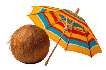 Tropical coconut and striped beach umbrella isolated on transparent background