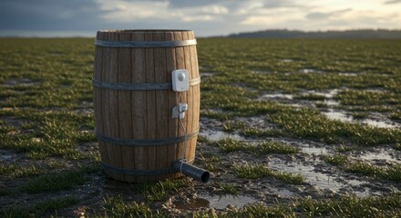 Wooden barrel rain collector in a field, with a sensor attached, showing a sustainable water collection system