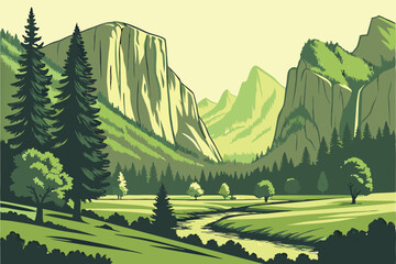 Fototapeta premium Green Valley Mountains River Forest Landscape Vector