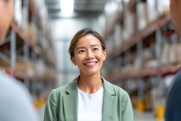 Smiling Woman in Warehouse Meeting