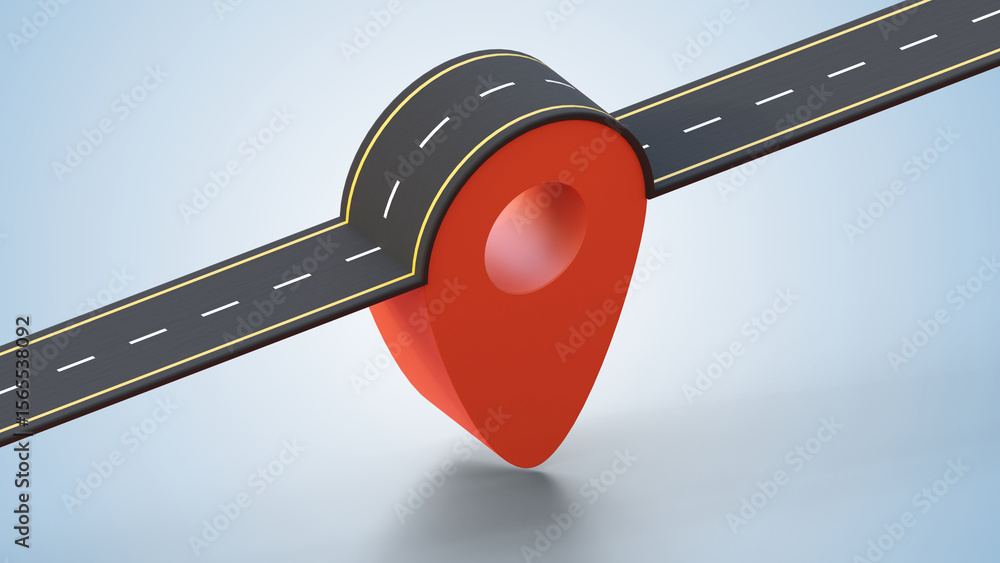 Poster asphalt road with map pointer on soft blue background. road on the red map pin. concept of logistics