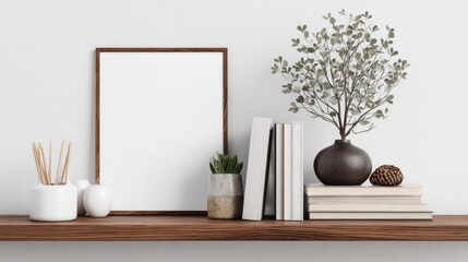 Minimalist desk scene with letter board, books, and plant for design mockup