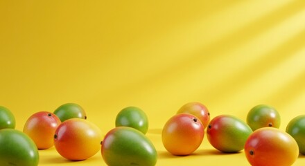 Obraz premium Fresh mangos on yellow background
