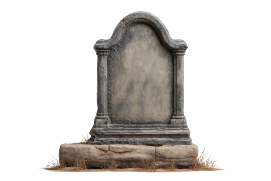 PNG Ancient stone tombstone with weathered details on grass base