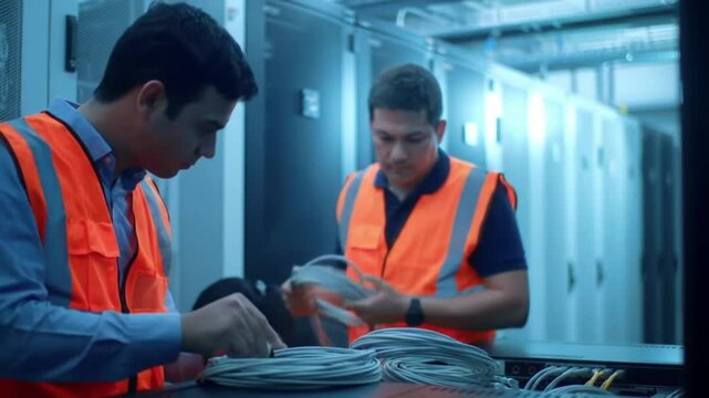 technician in safety vest checking cables  industrial