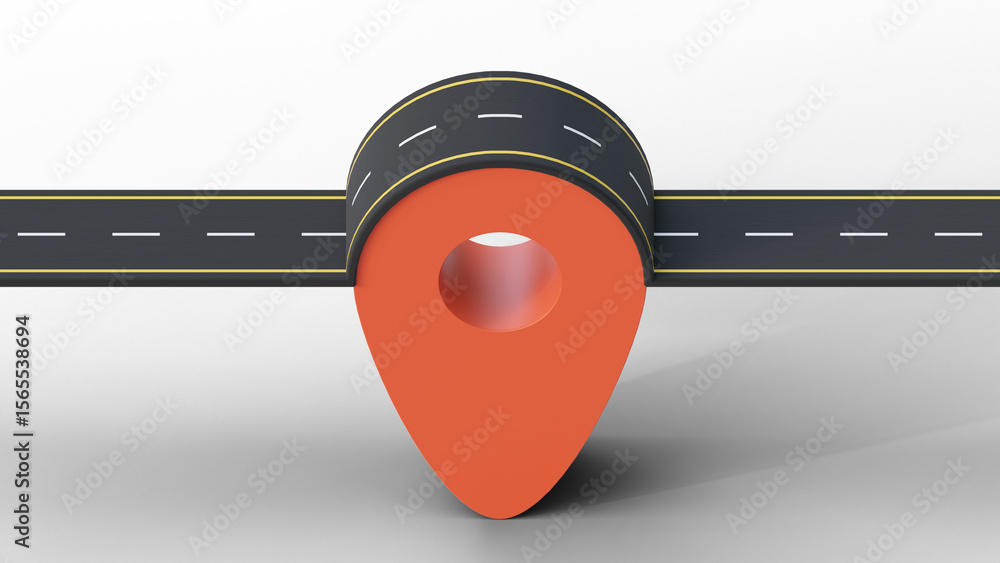 Poster asphalt road with map pointer on a isolated background. road on the red map pin. concept of logistic