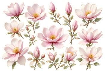 Beautiful Magnolia Blooms Delicate Pink Petals White Accents Yellow Stamen Center Floral Branches Showcase Buds Partially Opened Blossoms Elegance Freshness Natural Beauty. Spring Bloom Beauty,