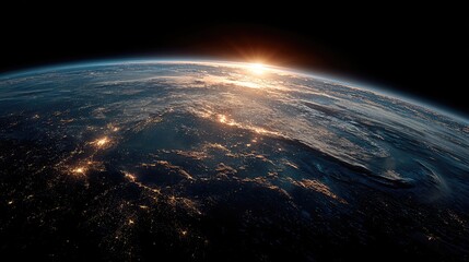 Obraz premium Top down Satellite view View of Earth from satellite capturing dawn breaking over the planets eastern horizon