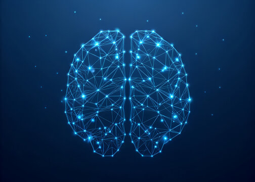 Low poly brain or Artificial intelligence concept. Symbol of Wisdom point. Abstract vector image of a human Brine. Low Polygonal wireframe blue illustration on dark background. Lines and