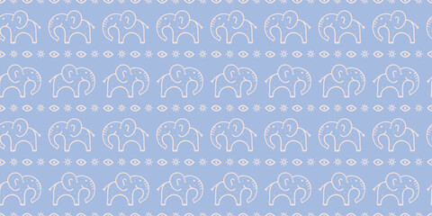 Seamless pattern with tribal elephants, eyes, and sun symbols in dusty periwinkle blue. Ethnic, hand-drawn boho design perfect for textiles, prints, or digital use