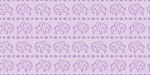 Soft lavender seamless pattern with ethnic elephant, eye, and sun motifs. Tribal-inspired boho design in purple tones, ideal for wallpapers, fabrics, and digital decor