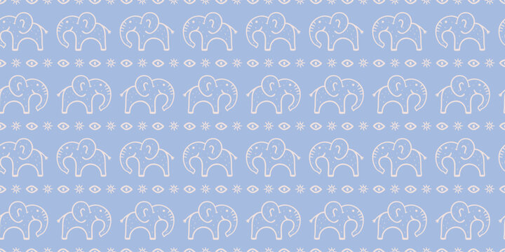 Seamless pattern with tribal elephants, eyes, and sun symbols in dusty periwinkle blue. Ethnic, hand-drawn boho design perfect for textiles, prints, or digital use
